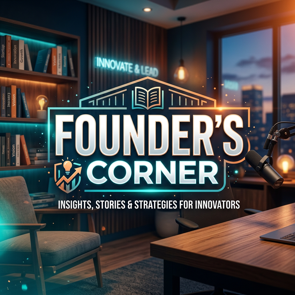 Podcast studio with microphone, chair, bookshelf, and neon sign saying Innovate & Lead